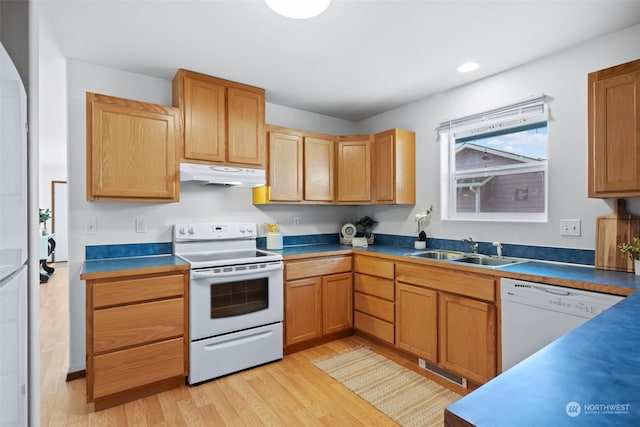 kitchen featuring white appliances, light hardwood / wood-style floors, and sink