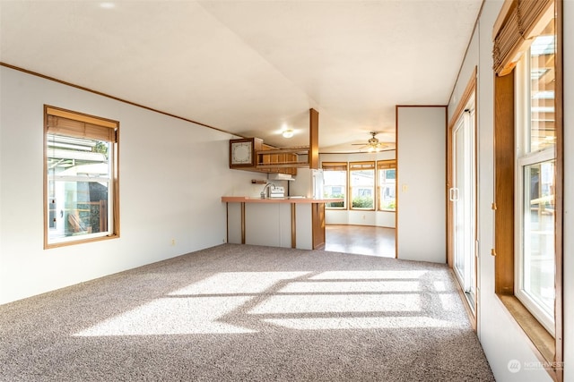 unfurnished living room with carpet floors and ceiling fan