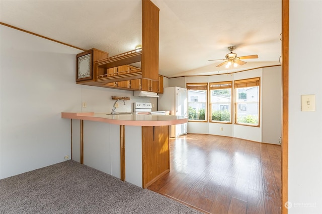 kitchen featuring kitchen peninsula, ceiling fan, sink, white appliances, and lofted ceiling