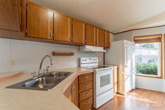 kitchen featuring sink, white appliances, lofted ceiling, and light hardwood / wood-style floors