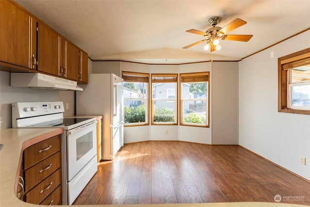 kitchen featuring hardwood / wood-style flooring, white appliances, vaulted ceiling, and ceiling fan