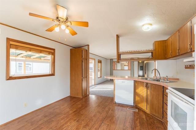 kitchen featuring crown molding, kitchen peninsula, sink, dark wood-type flooring, and white appliances