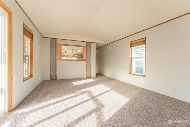 carpeted spare room with lofted ceiling