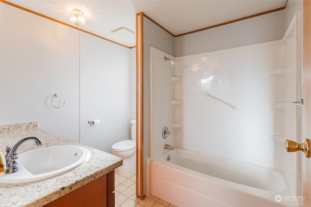 full bathroom with vanity, toilet, tile patterned floors, and shower / tub combination