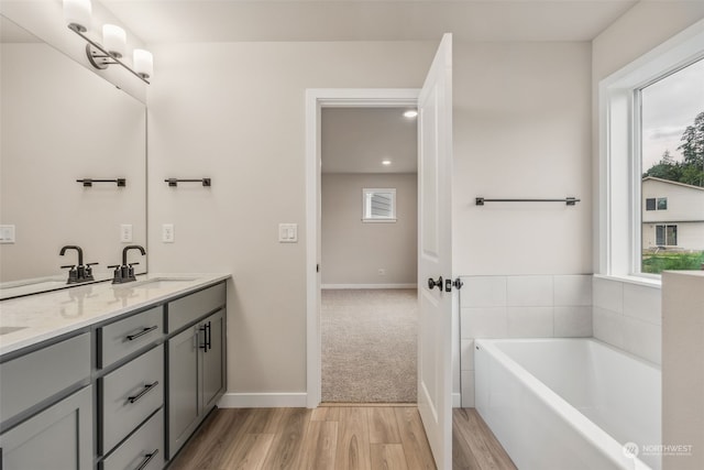 bathroom featuring baseboards, a garden tub, double vanity, wood finished floors, and a sink