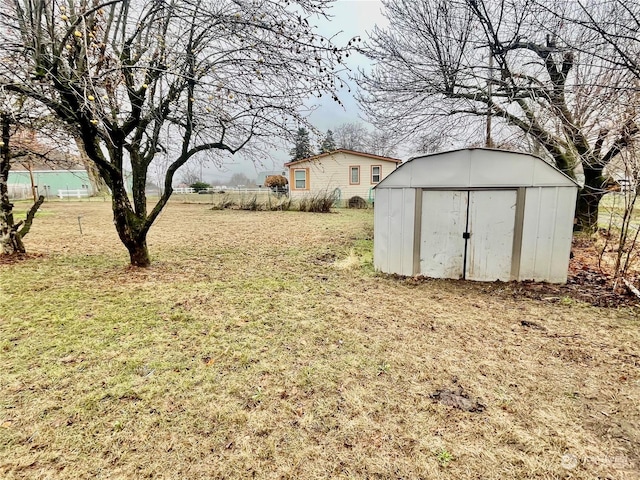 view of yard featuring a storage unit