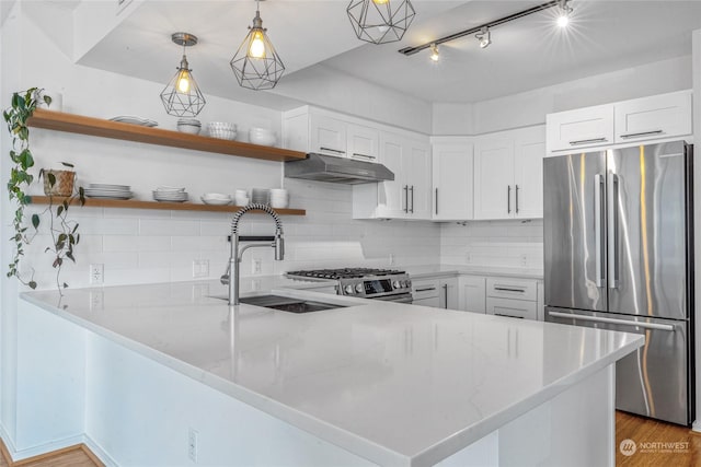 kitchen with white cabinetry, pendant lighting, appliances with stainless steel finishes, and kitchen peninsula