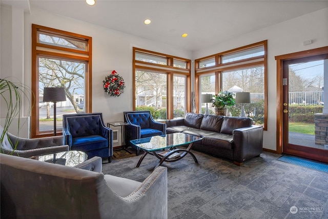 living room featuring dark carpet