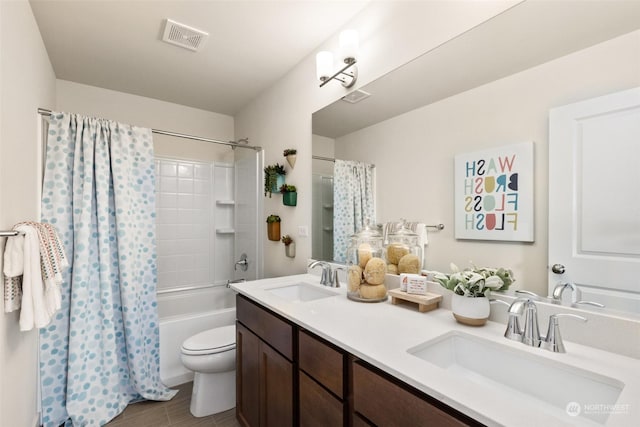 full bathroom featuring toilet, vanity, and shower / bathtub combination with curtain