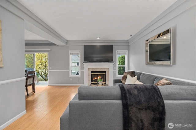 living room with a healthy amount of sunlight, baseboards, a lit fireplace, and wood finished floors