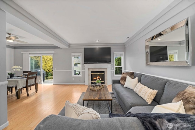 living area with a glass covered fireplace, baseboards, and wood finished floors