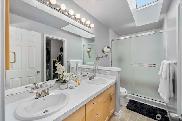 bathroom featuring a shower stall, a skylight, toilet, and a sink