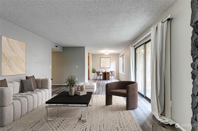 living room with hardwood / wood-style floors and a textured ceiling