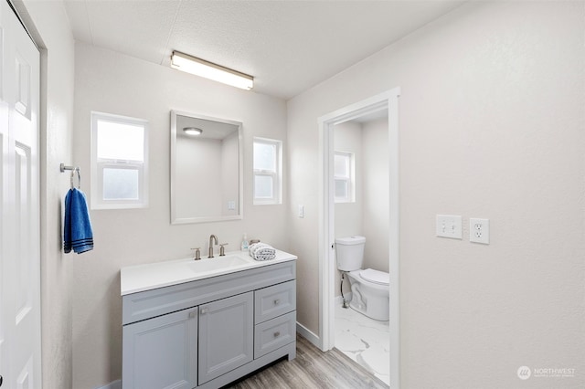 bathroom featuring toilet, plenty of natural light, a textured ceiling, and vanity