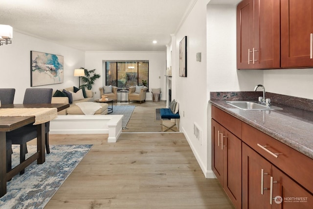 living room featuring sink, ornamental molding, and light hardwood / wood-style floors