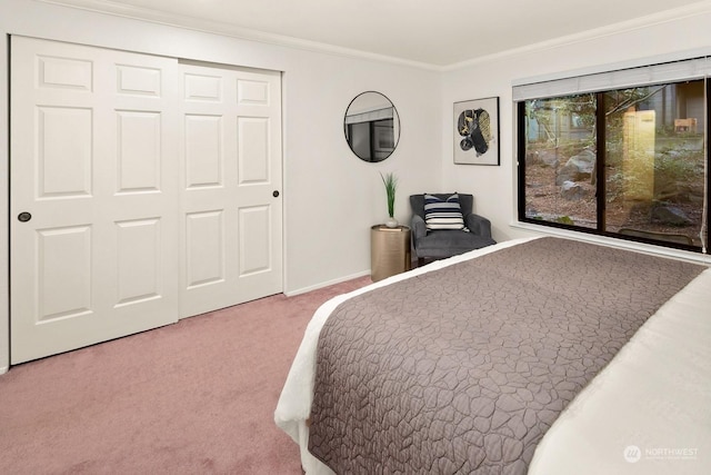 carpeted bedroom with a closet and ornamental molding