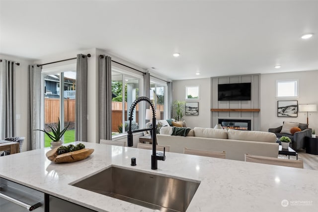 kitchen with dishwasher, sink, hardwood / wood-style flooring, light stone countertops, and a large fireplace