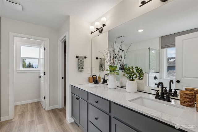 bathroom with hardwood / wood-style floors and vanity