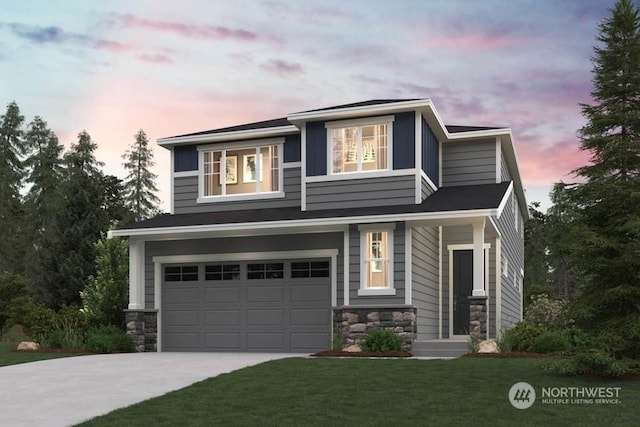 view of front facade with an attached garage, stone siding, concrete driveway, and a front yard