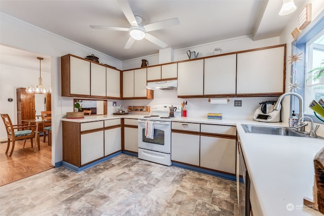 kitchen featuring pendant lighting, sink, white cabinetry, ceiling fan with notable chandelier, and electric range