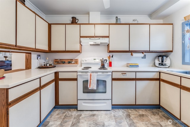 kitchen with white cabinets, electric range, and sink