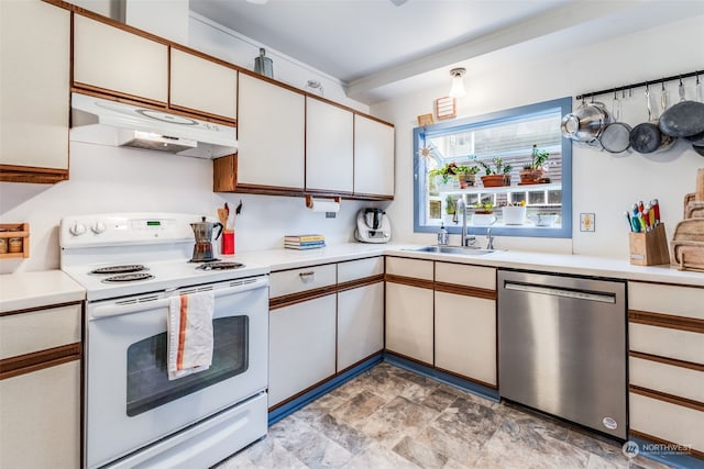 kitchen featuring sink, white range with electric stovetop, white cabinetry, and stainless steel dishwasher