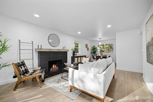 living room featuring light hardwood / wood-style flooring and a fireplace