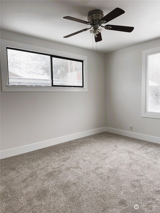 unfurnished room featuring ceiling fan, carpet, and a wealth of natural light