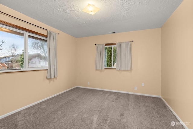 empty room with carpet floors and a textured ceiling