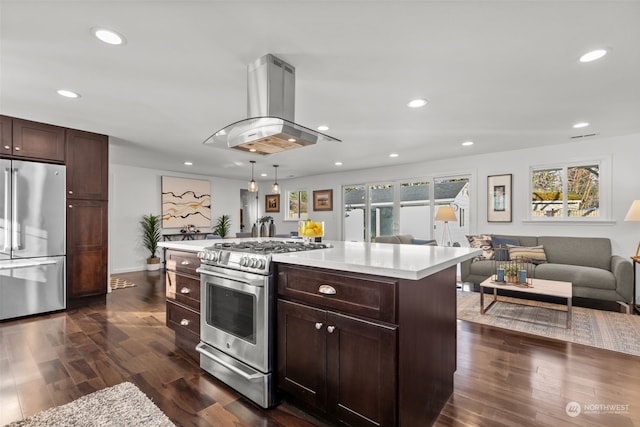 kitchen with pendant lighting, appliances with stainless steel finishes, a center island, island exhaust hood, and plenty of natural light