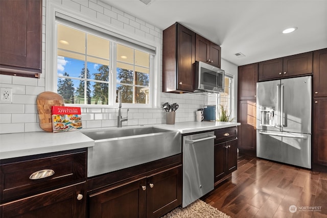 kitchen featuring dark wood-type flooring, stainless steel appliances, decorative backsplash, sink, and dark brown cabinets