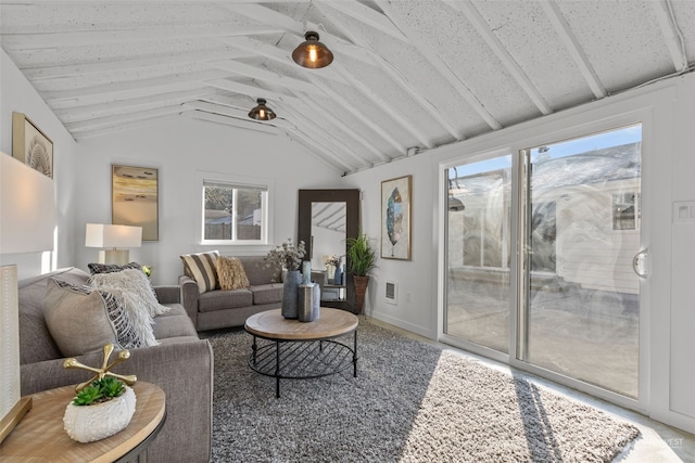 living room with vaulted ceiling and a healthy amount of sunlight