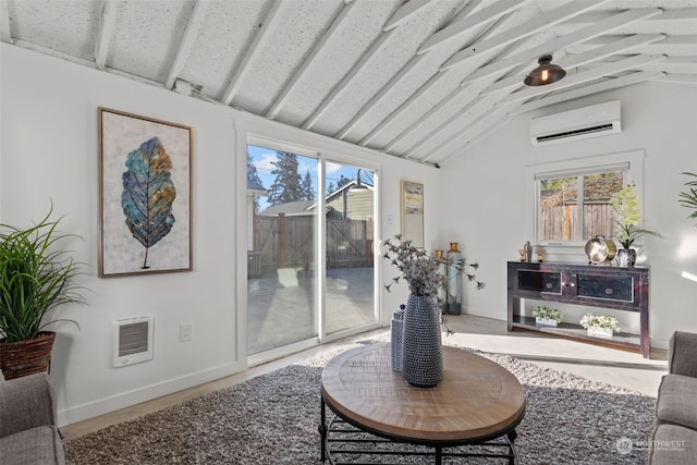 living room featuring wood-type flooring, vaulted ceiling with beams, and a wall mounted air conditioner