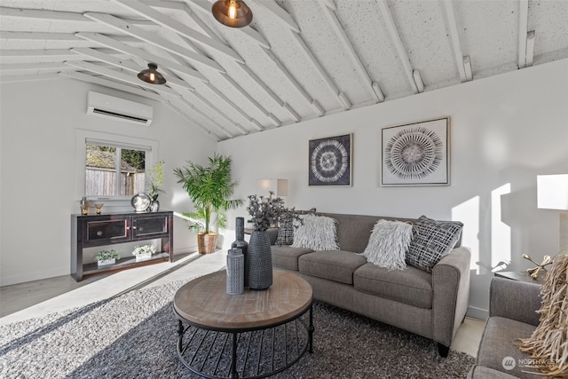 living room with vaulted ceiling and a wall mounted air conditioner