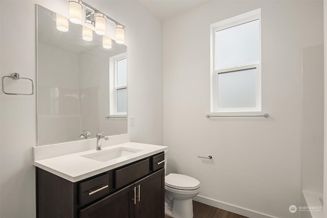 bathroom featuring hardwood / wood-style flooring, vanity, and toilet