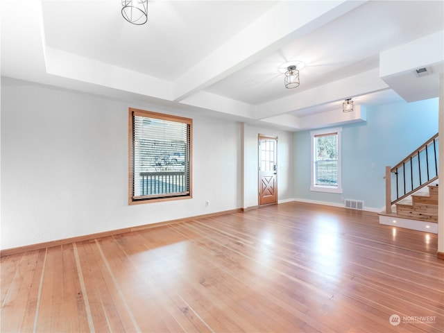 unfurnished living room featuring wood-type flooring and a raised ceiling