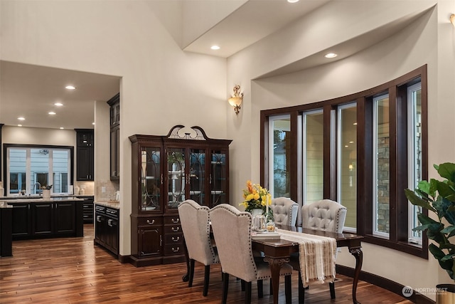 dining space featuring a high ceiling, dark wood-type flooring, and a wealth of natural light