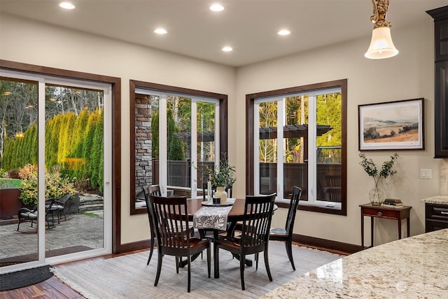 dining room featuring a healthy amount of sunlight and light hardwood / wood-style flooring