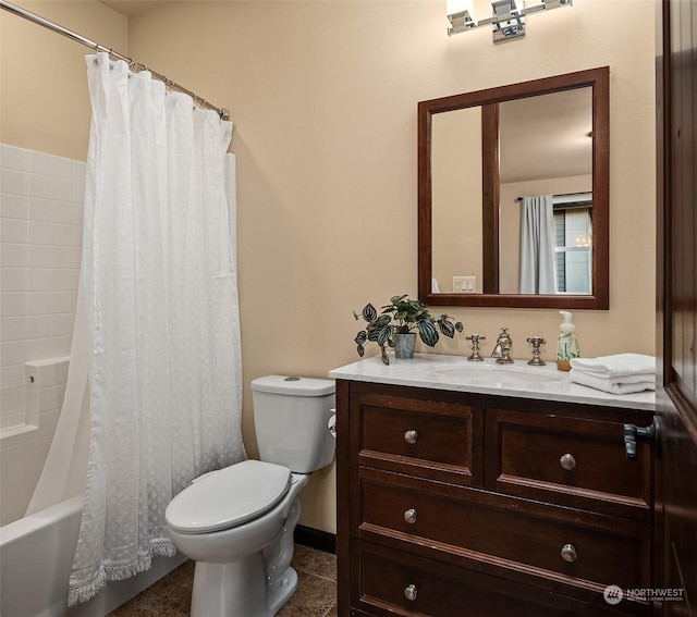 full bathroom featuring toilet, shower / tub combo with curtain, tile patterned floors, and vanity