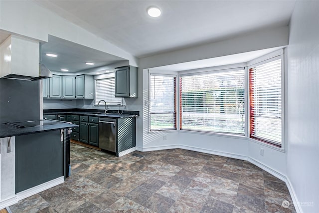 kitchen featuring wall chimney range hood, vaulted ceiling, stainless steel dishwasher, gray cabinetry, and black electric cooktop