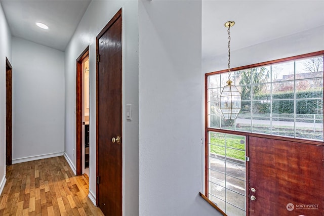 foyer entrance with light hardwood / wood-style flooring