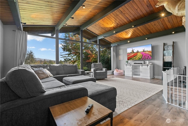 living room with beamed ceiling, high vaulted ceiling, hardwood / wood-style flooring, wooden ceiling, and expansive windows