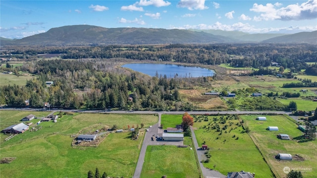 drone / aerial view featuring a water and mountain view