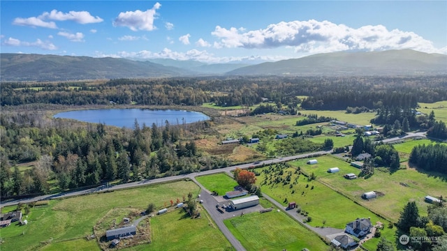 drone / aerial view featuring a water and mountain view