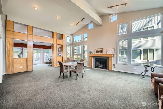 carpeted dining area with high vaulted ceiling, rail lighting, and plenty of natural light