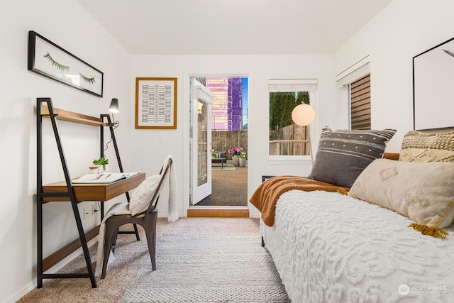 bedroom with light carpet