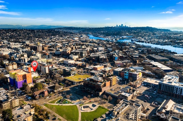 drone / aerial view featuring a water view