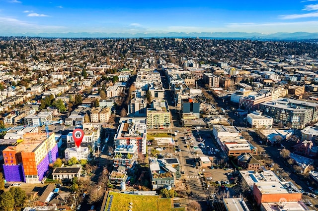 drone / aerial view featuring a mountain view