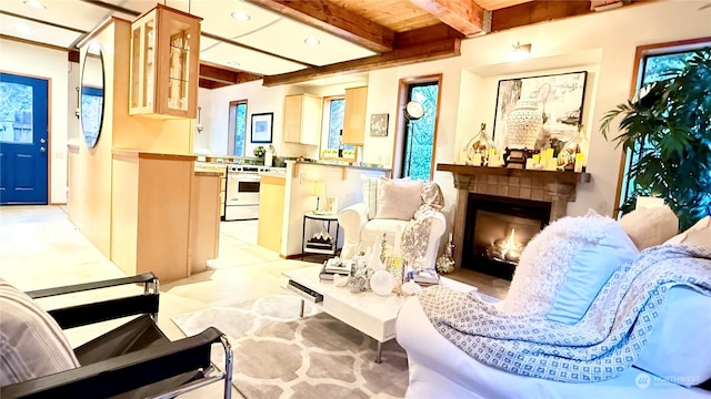 living room featuring wooden ceiling and beam ceiling