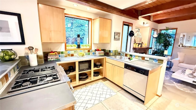 kitchen with beamed ceiling, light brown cabinetry, wood ceiling, dishwasher, and sink